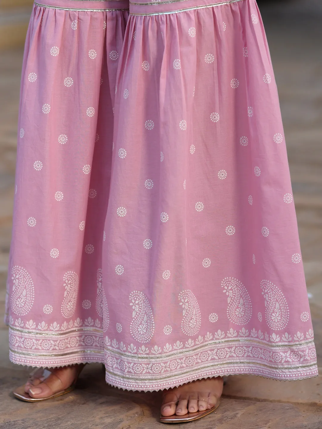 Juniper Pink Ethnic Motif Printed Pure Cotton Lacy Kurta Sharara & Dupatta Set With Beads & Sequins Work