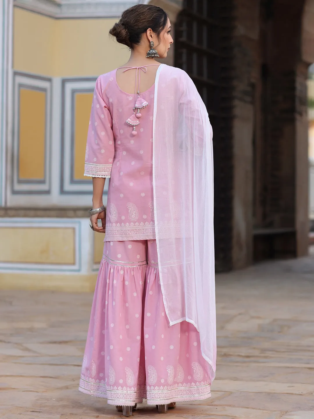 Juniper Pink Ethnic Motif Printed Pure Cotton Lacy Kurta Sharara & Dupatta Set With Beads & Sequins Work