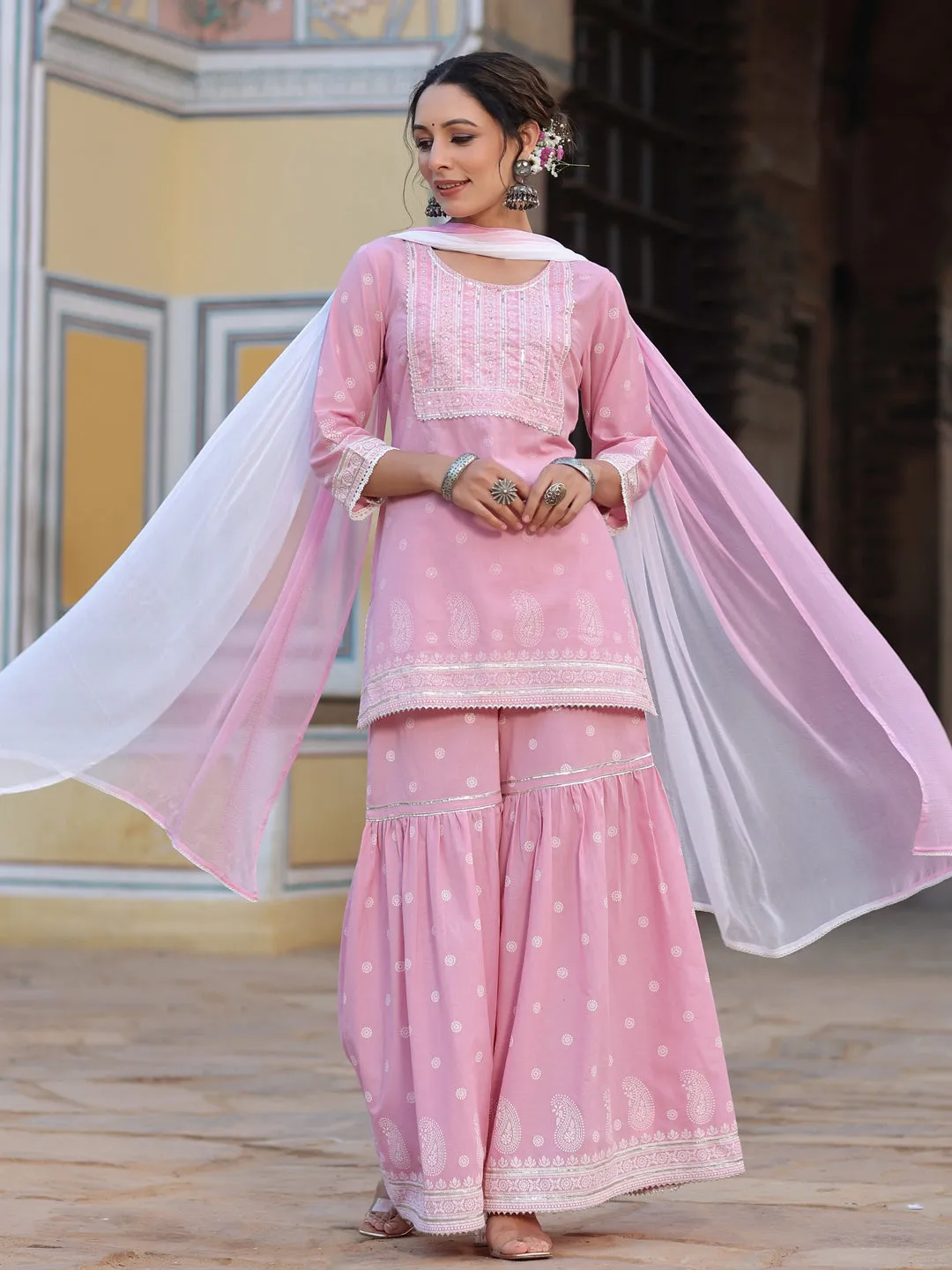 Juniper Pink Ethnic Motif Printed Pure Cotton Lacy Kurta Sharara & Dupatta Set With Beads & Sequins Work