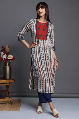 long silk modal kurta with slit - lattice splendour & crimson polka