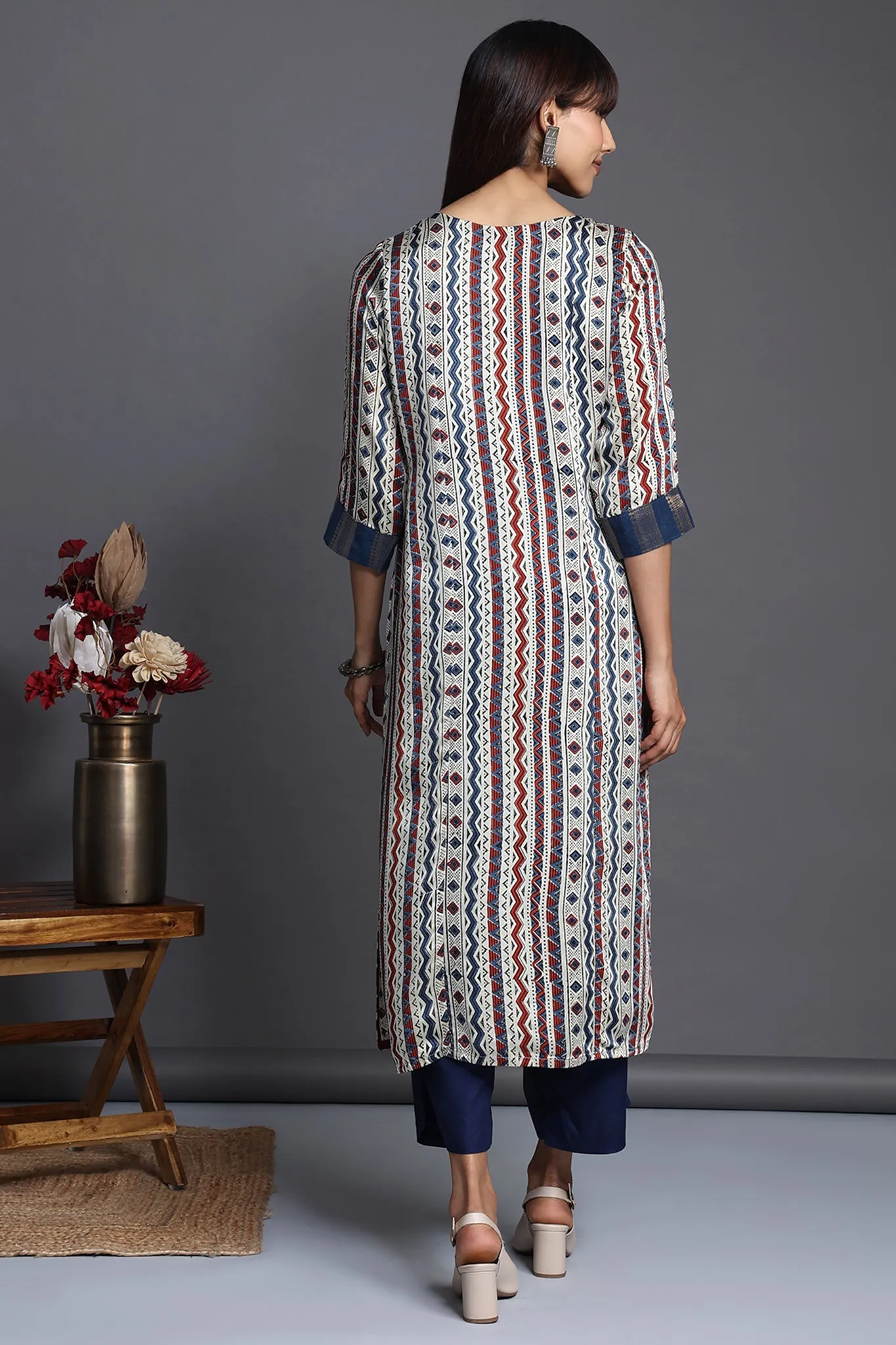 long silk modal kurta with slit - lattice splendour & crimson polka