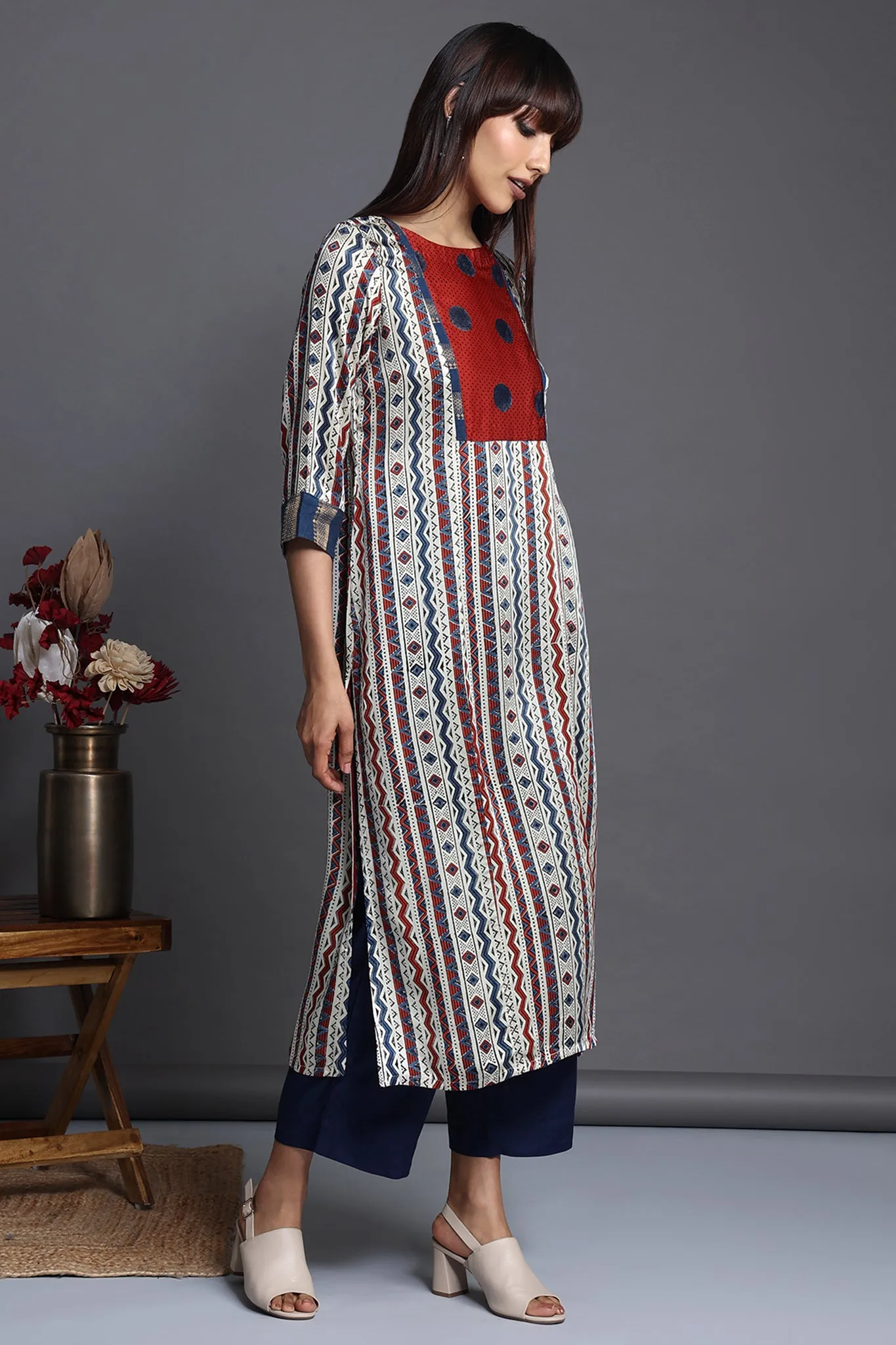 long silk modal kurta with slit - lattice splendour & crimson polka