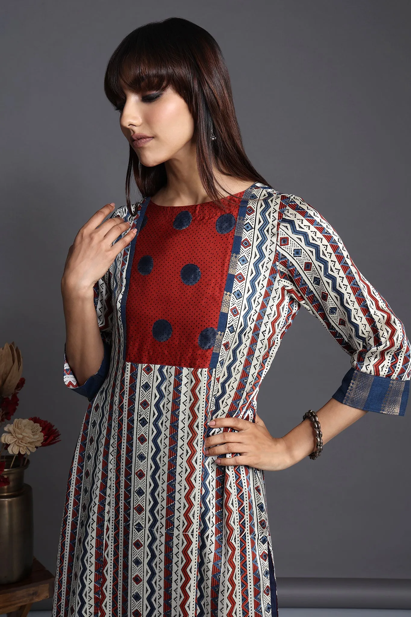 long silk modal kurta with slit - lattice splendour & crimson polka