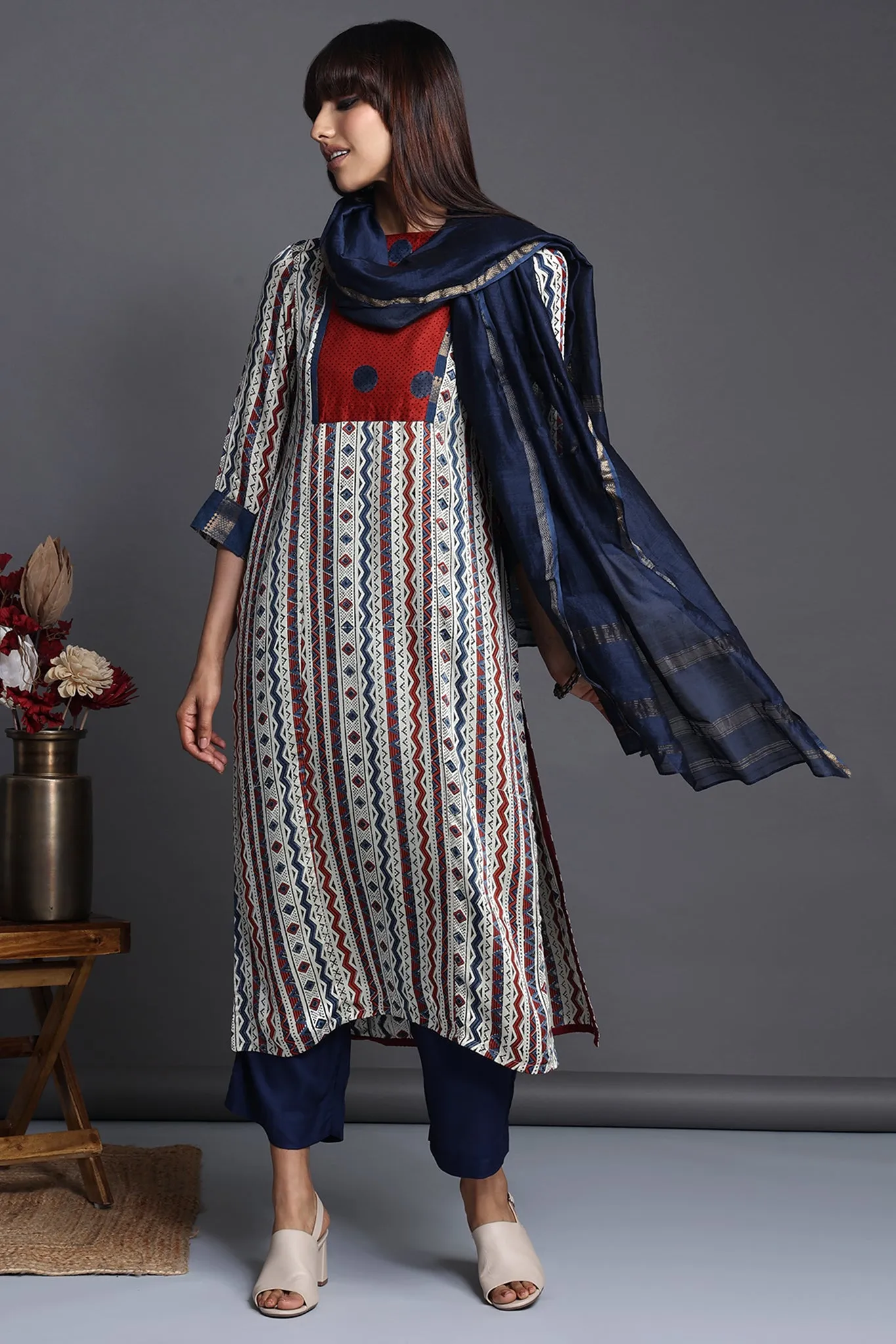 long silk modal kurta with slit - lattice splendour & crimson polka