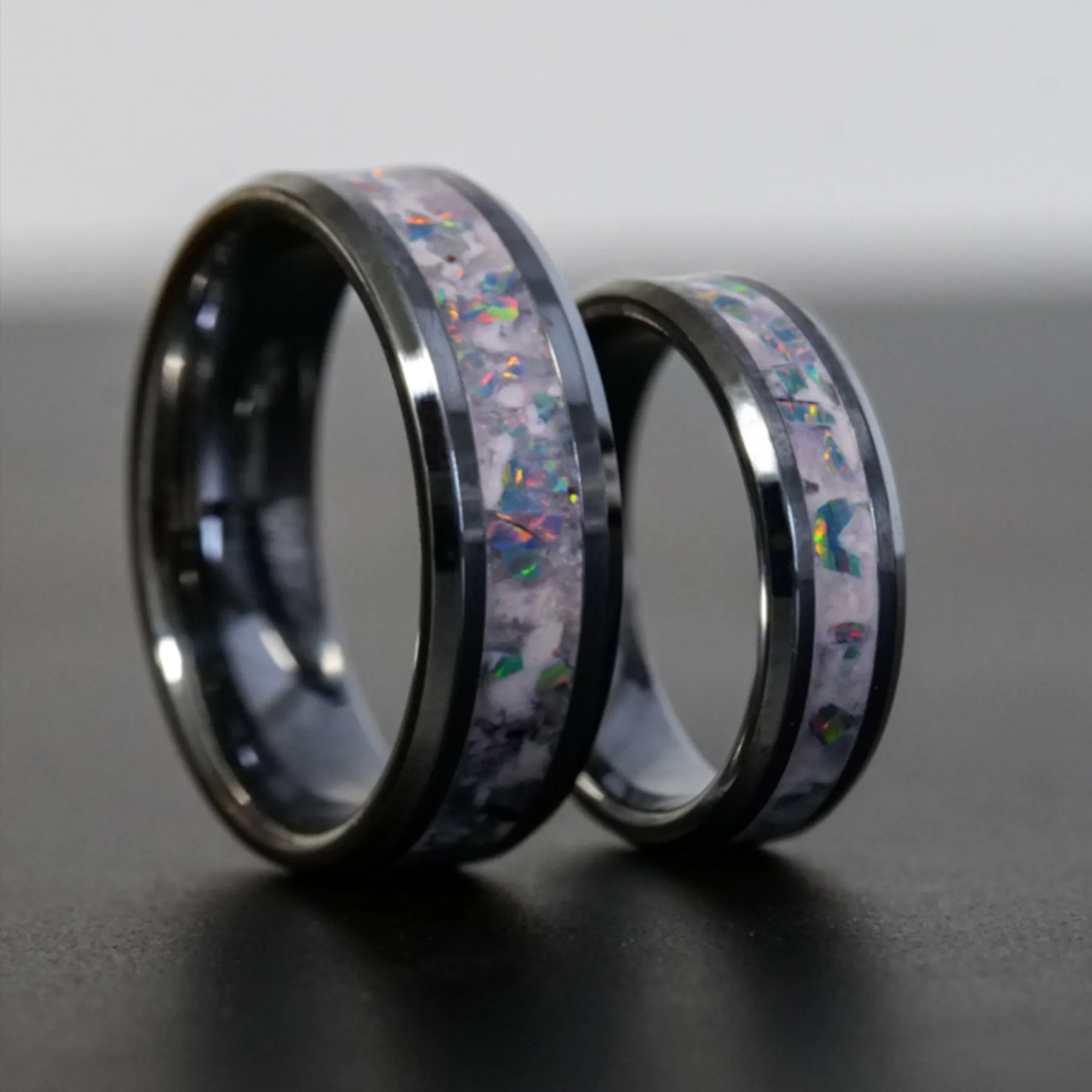 Matching Cosmic Glowstone Wedding Ring Set in Tungsten