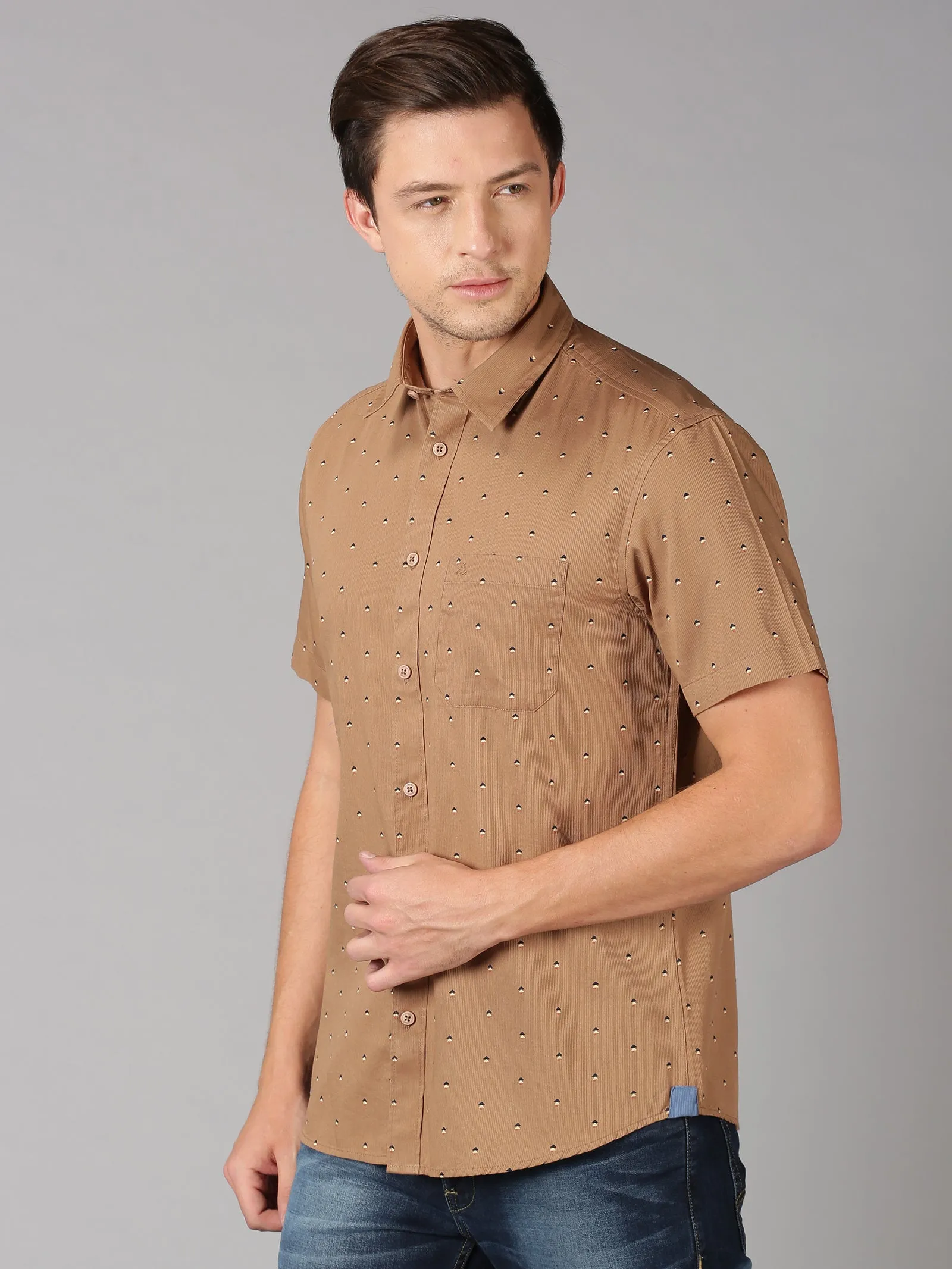 MEN'S BEIGE PRINT SLIM FIT SHIRT