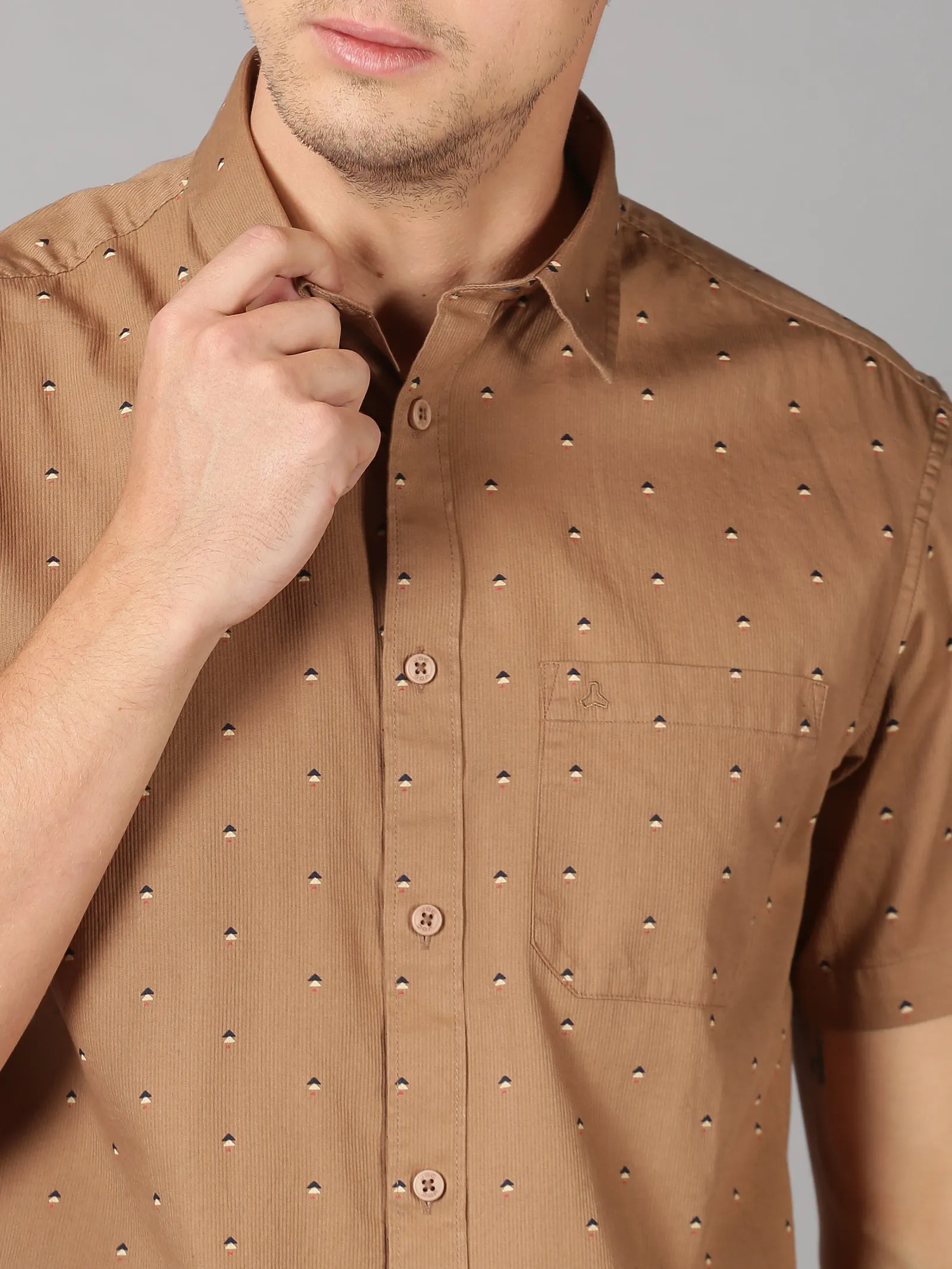 MEN'S BEIGE PRINT SLIM FIT SHIRT