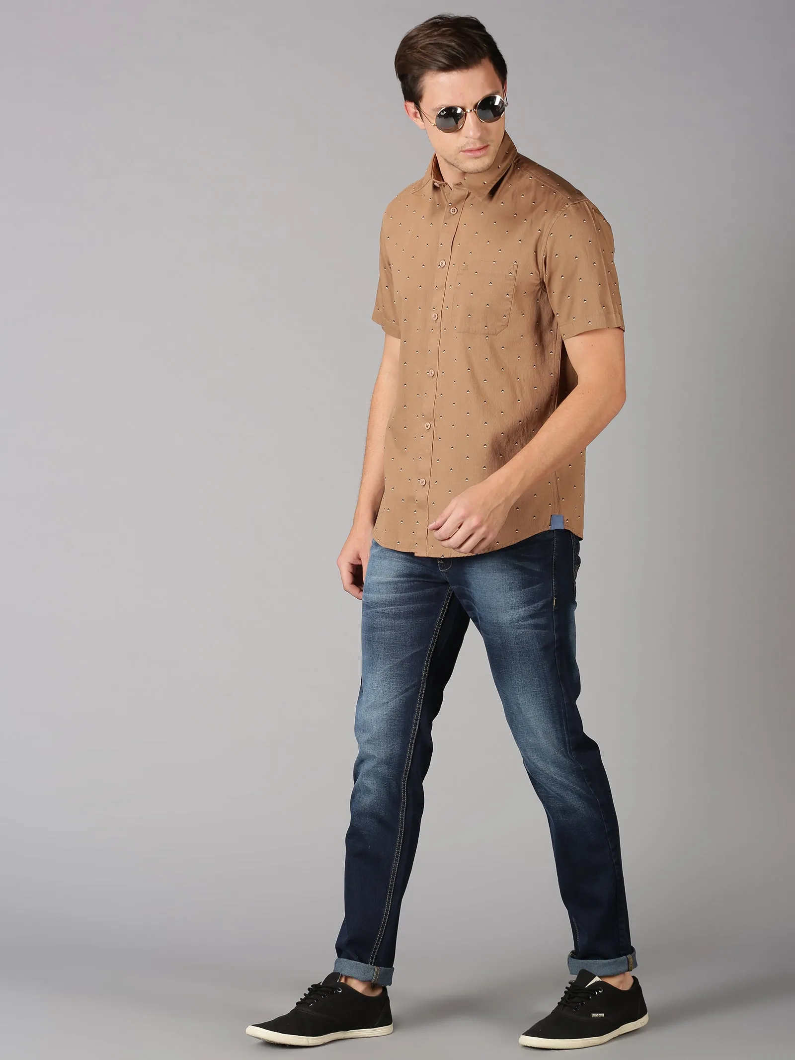 MEN'S BEIGE PRINT SLIM FIT SHIRT