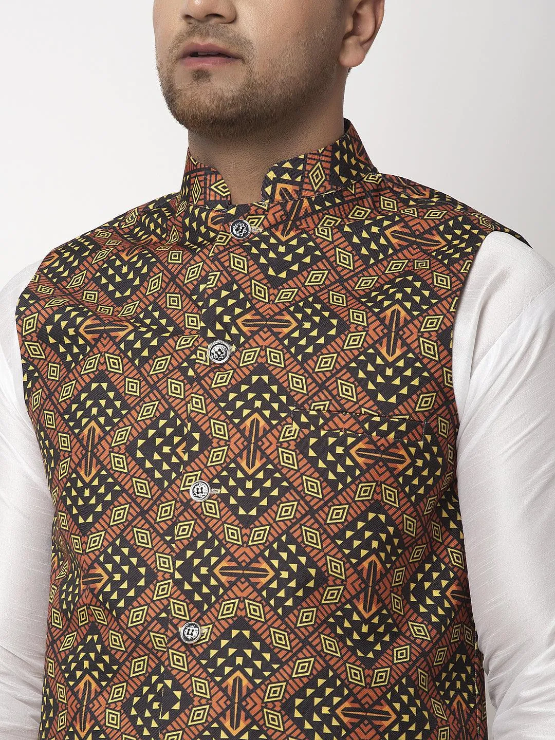 Men's Black & Brown Printed Nehru Jacket - Benstoke