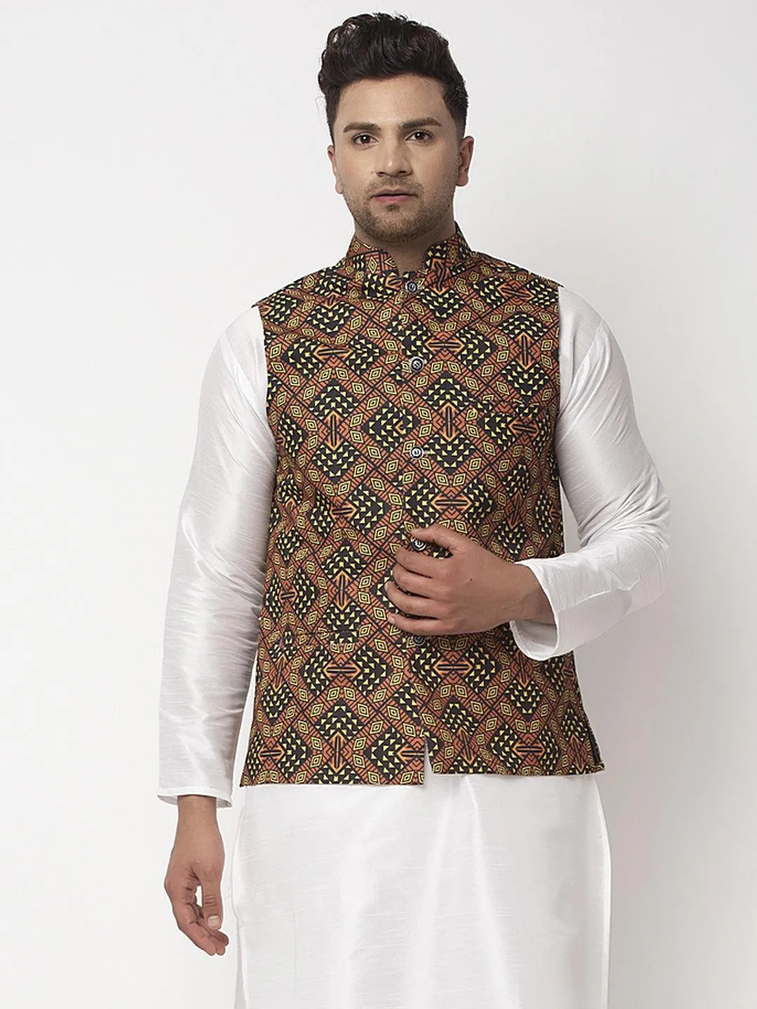 Men's Black & Brown Printed Nehru Jacket - Benstoke