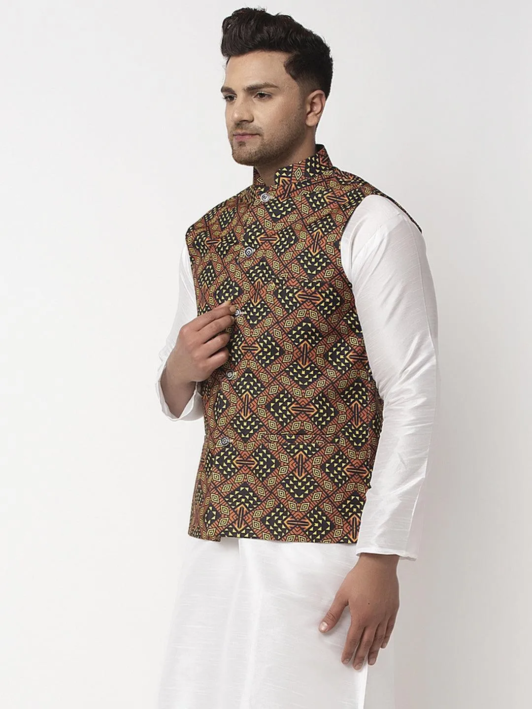 Men's Black & Brown Printed Nehru Jacket - Benstoke