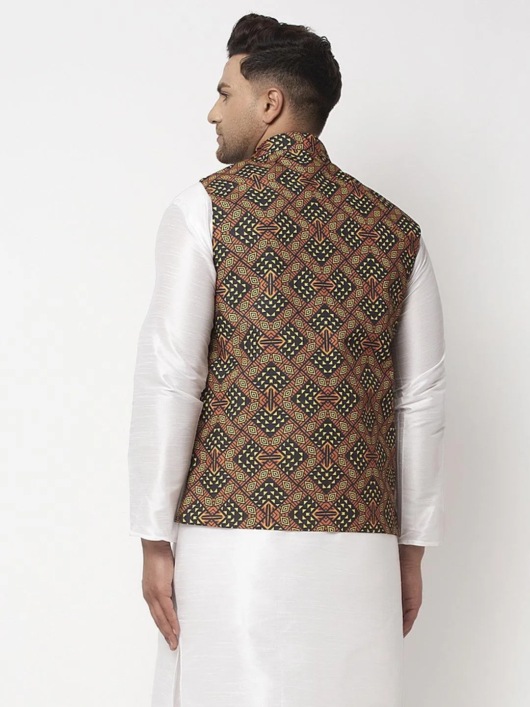 Men's Black & Brown Printed Nehru Jacket - Benstoke