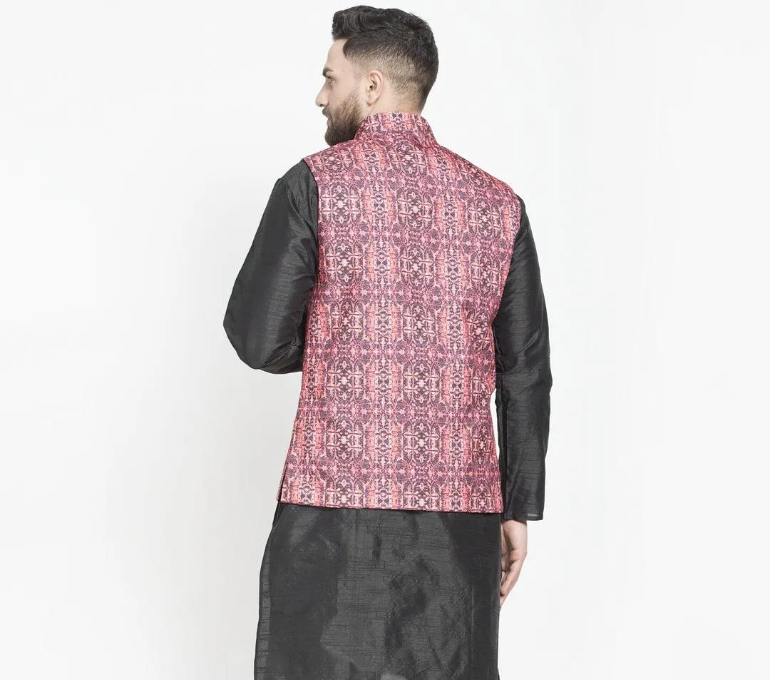 Men's Black & Coral Printed Nehru Jacket - Benstoke