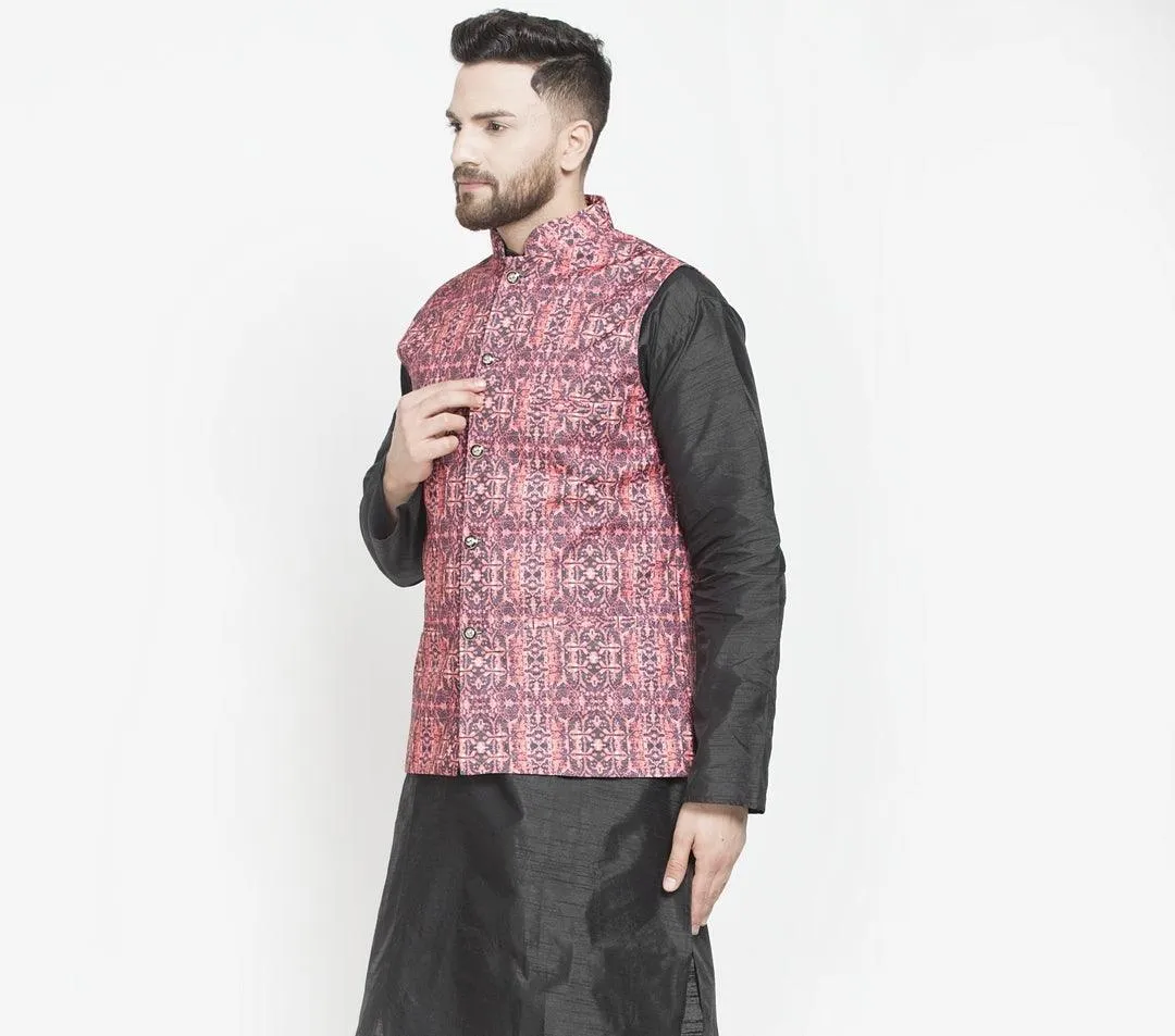 Men's Black & Coral Printed Nehru Jacket - Benstoke