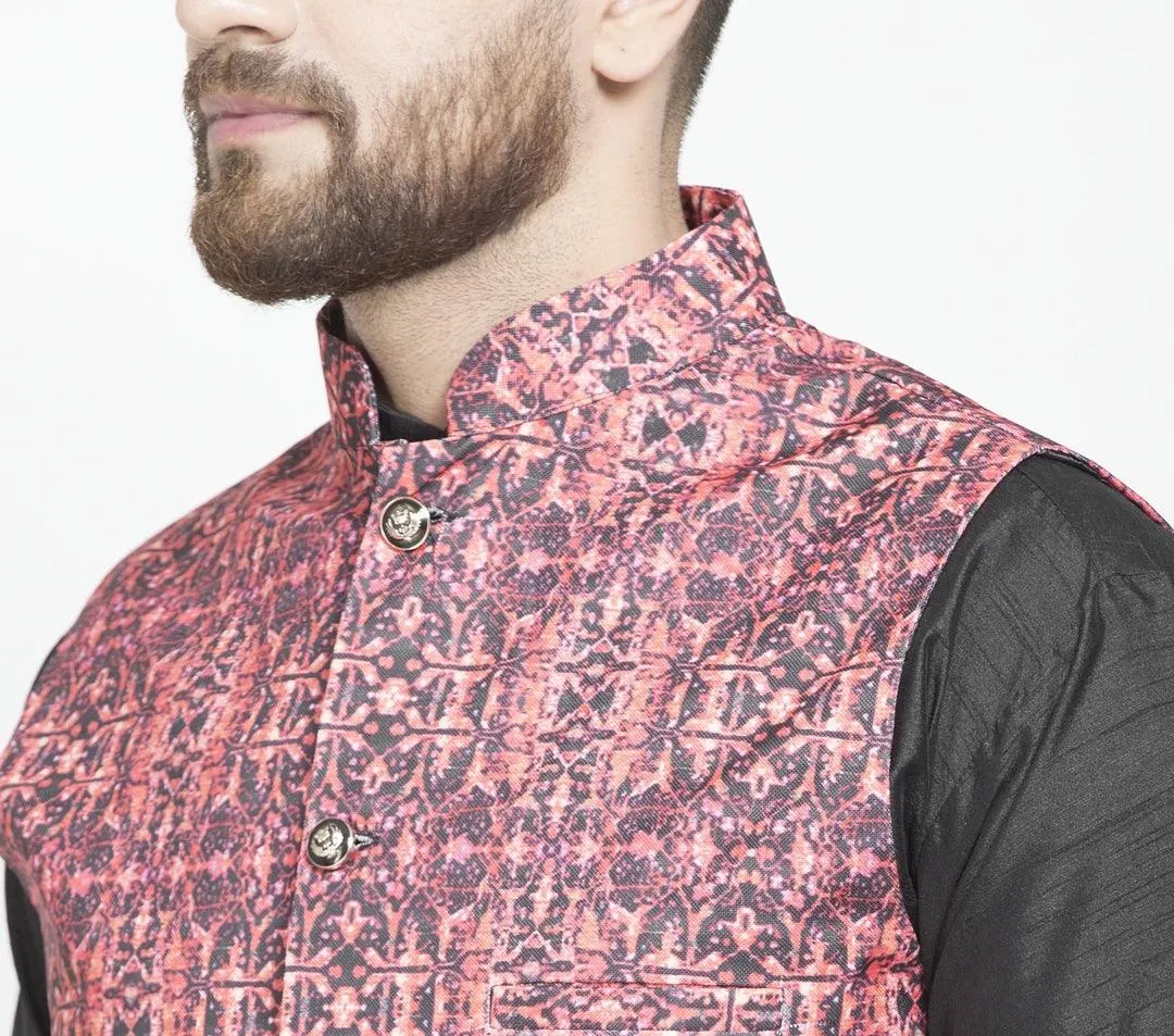 Men's Black & Coral Printed Nehru Jacket - Benstoke