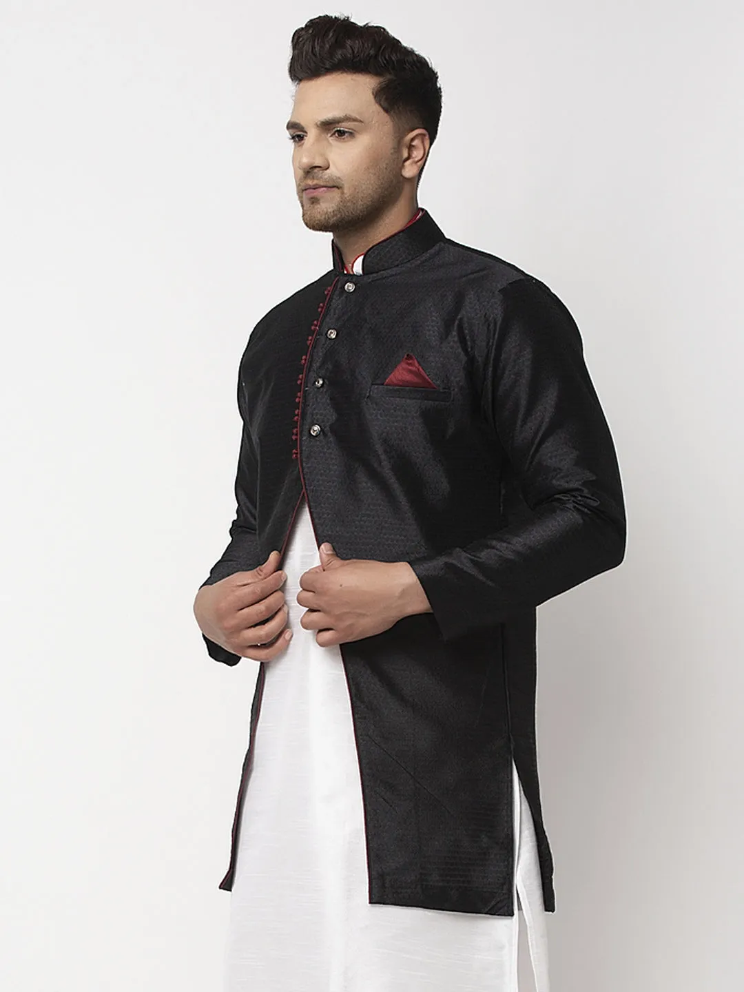 Men's Black Self Design Sherwani Jacket - Benstoke