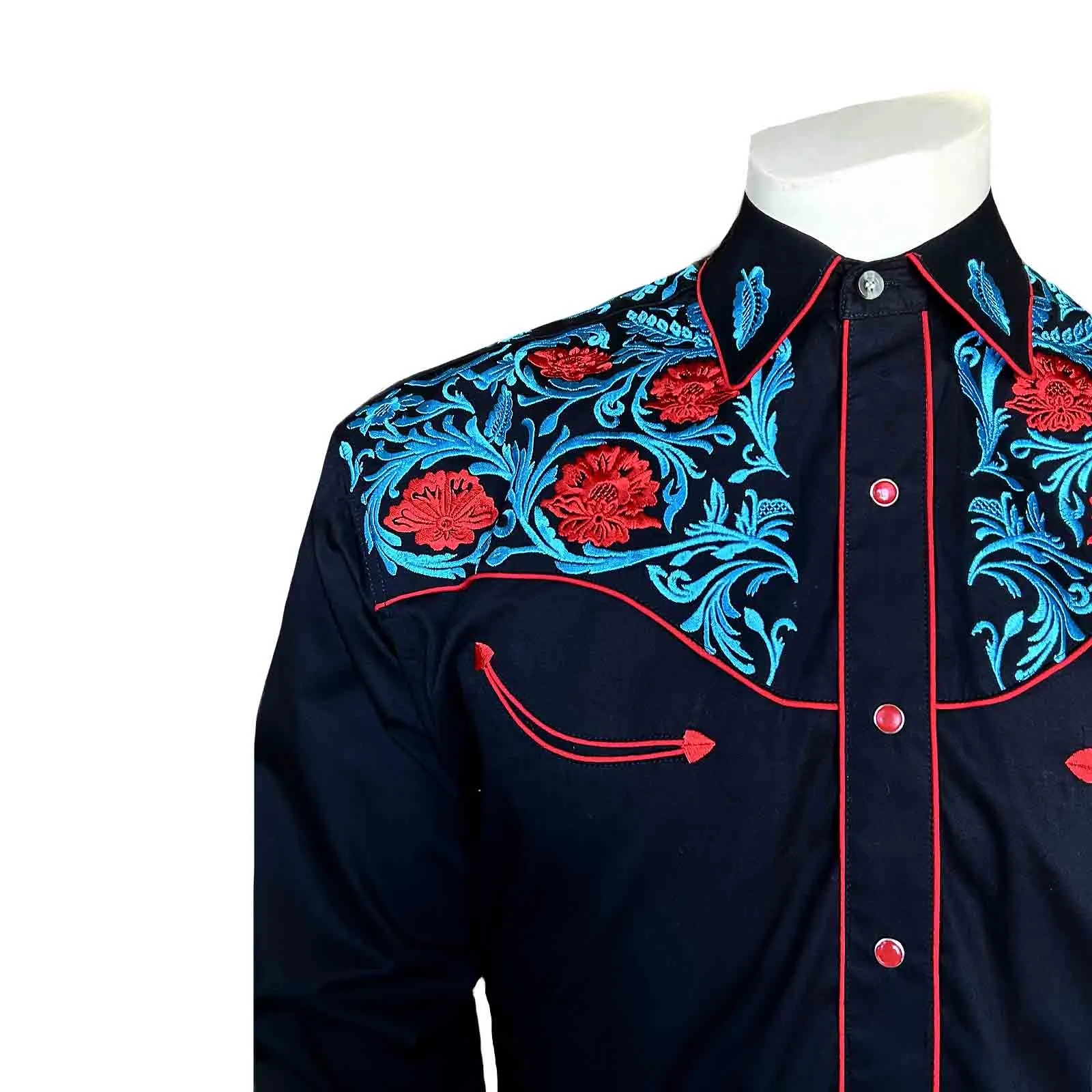 Men’s Black Vintage Western Shirt with Red Floral & Turquoise Embroidery