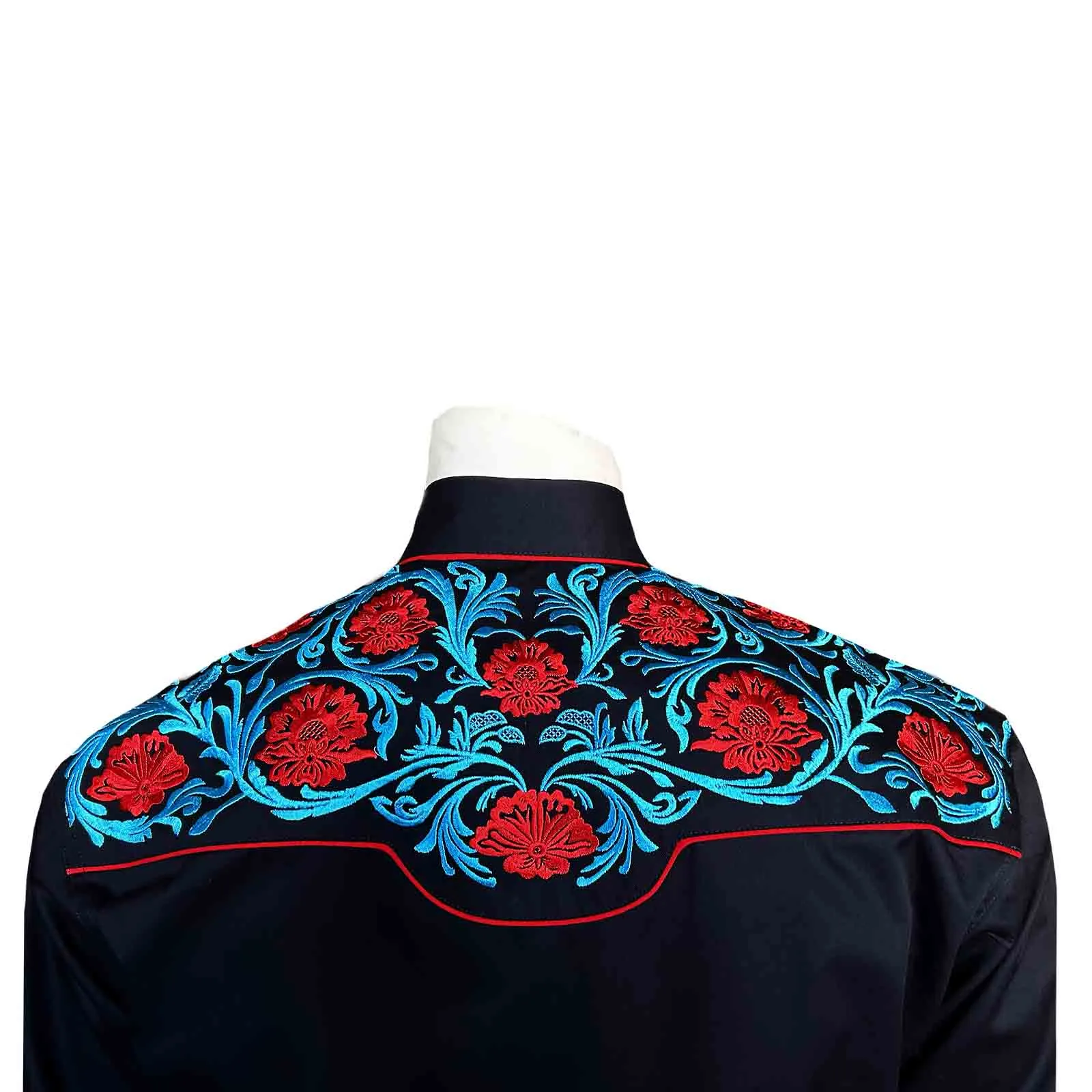 Men’s Black Vintage Western Shirt with Red Floral & Turquoise Embroidery