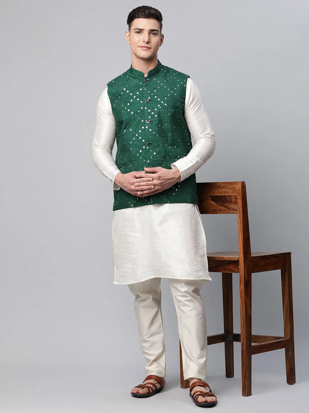 Men's Green Mirror Work Embroidered Nehru Jacket