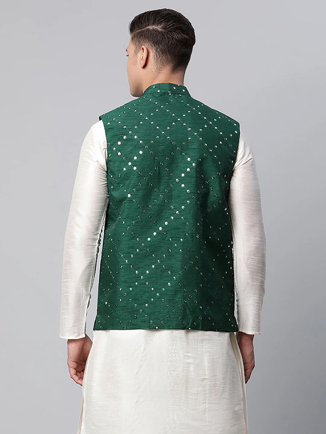 Men's Green Mirror Work Embroidered Nehru Jacket