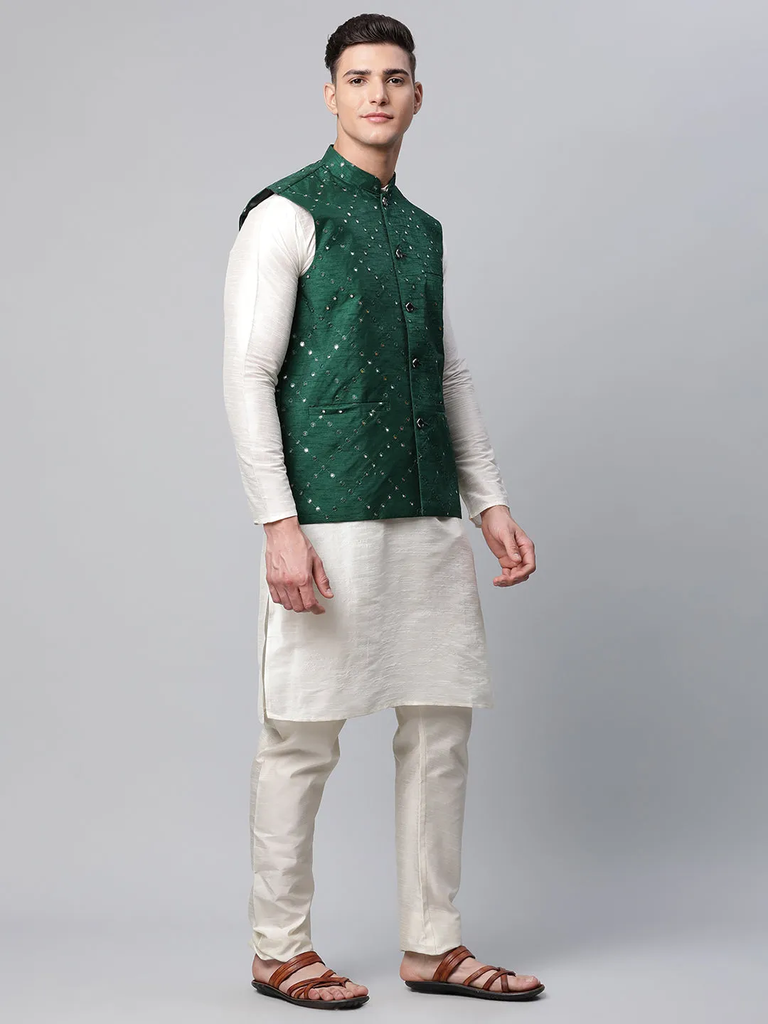 Men's Green Mirror Work Embroidered Nehru Jacket