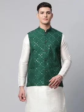 Men's Green Mirror Work Embroidered Nehru Jacket