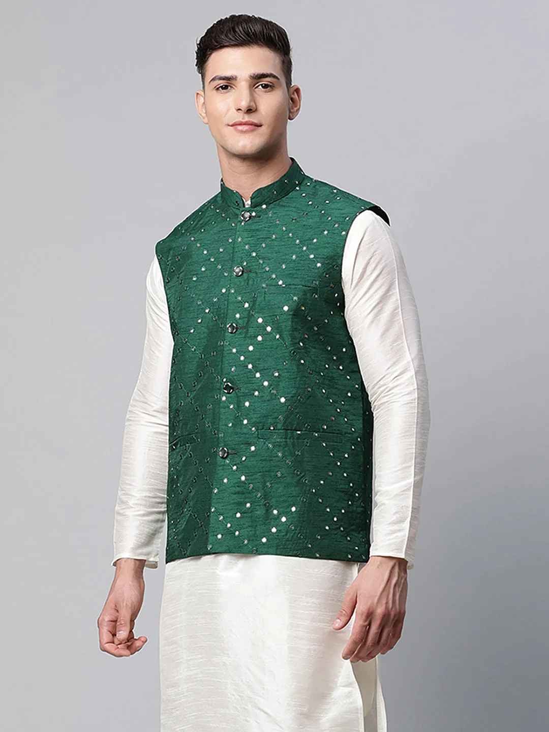 Men's Green Mirror Work Embroidered Nehru Jacket