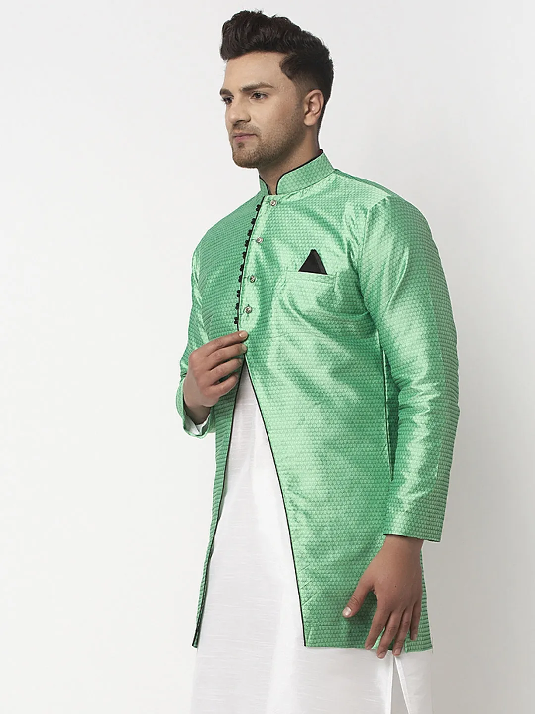 Men's Light Green Self Design Sherwani Jacket - Benstoke