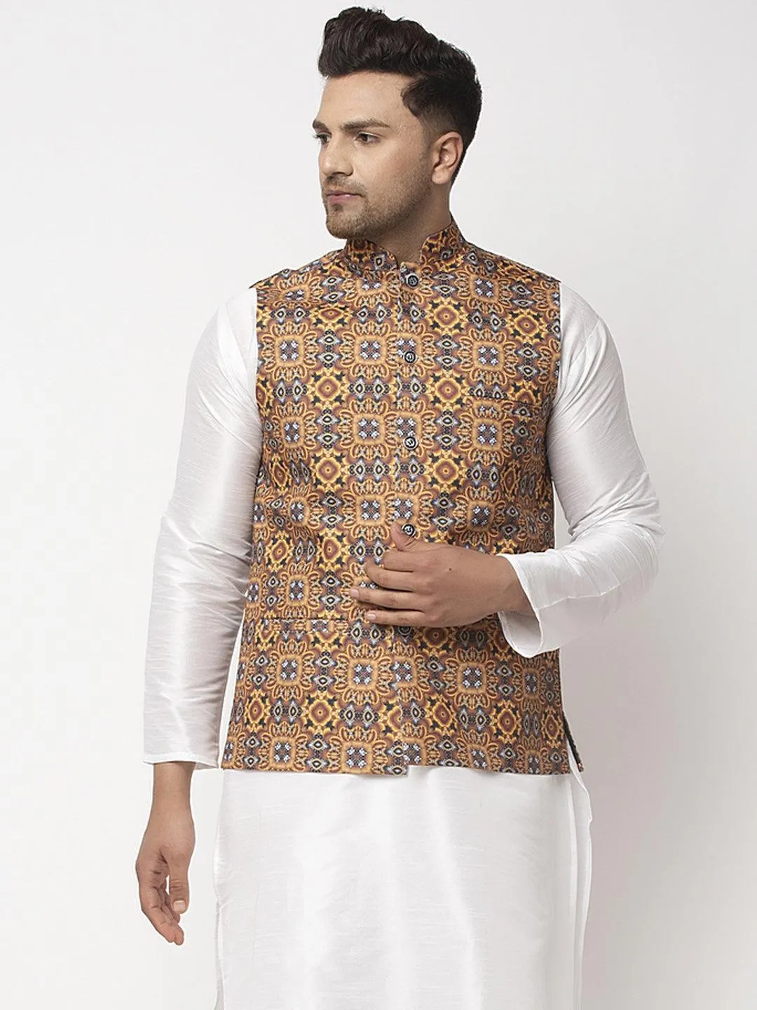 Men's Mustard & Charcoal Grey Printed Nehru Jacket - Benstoke