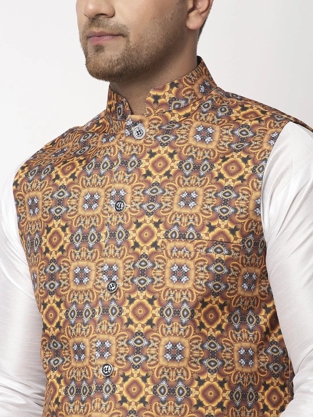 Men's Mustard & Charcoal Grey Printed Nehru Jacket - Benstoke