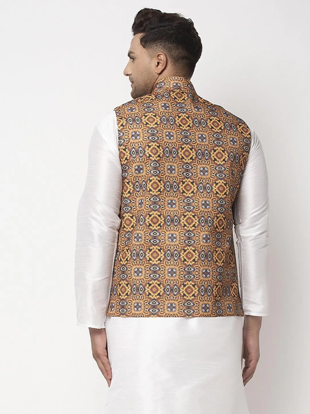 Men's Mustard & Charcoal Grey Printed Nehru Jacket - Benstoke