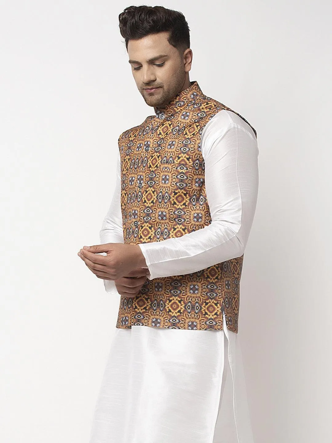 Men's Mustard & Charcoal Grey Printed Nehru Jacket - Benstoke