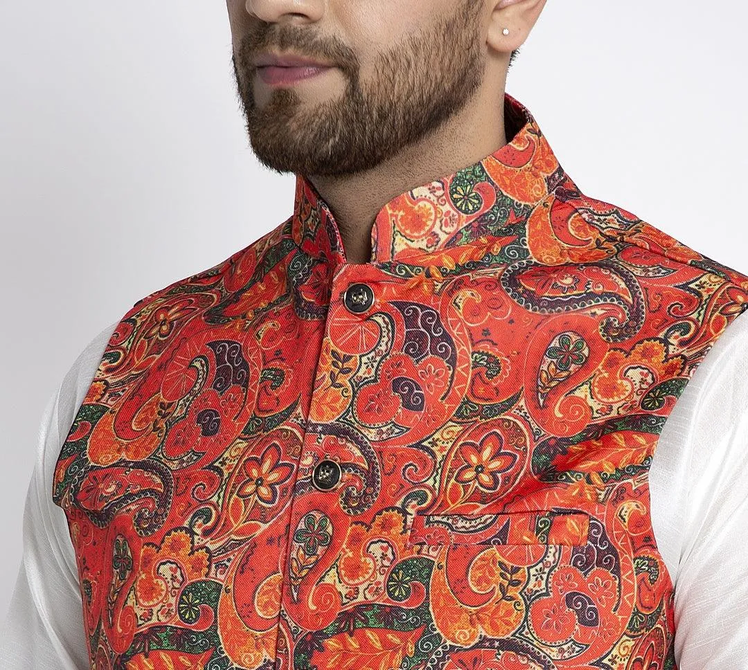 Men's Orange & Multi Printed Nehru Jacket - Benstoke