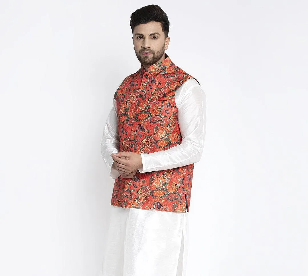 Men's Orange & Multi Printed Nehru Jacket - Benstoke