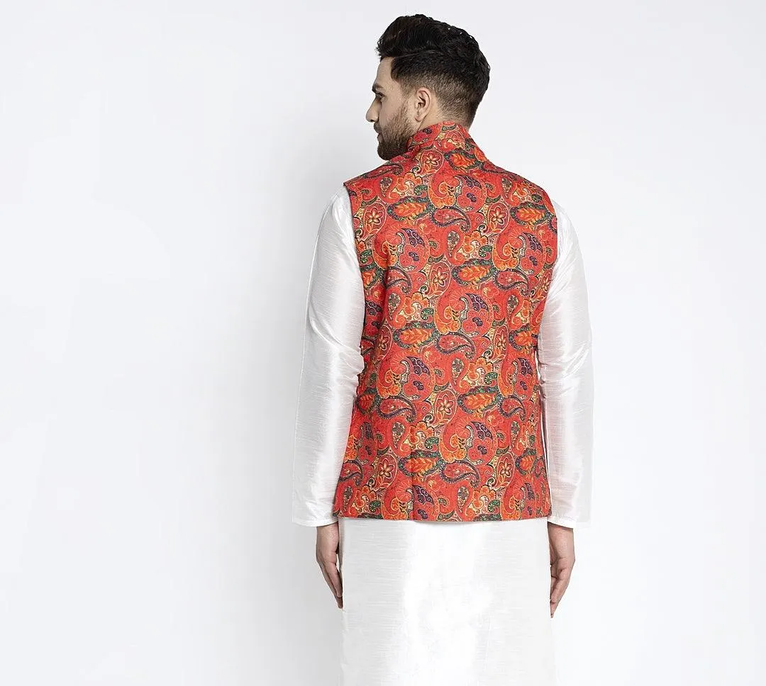 Men's Orange & Multi Printed Nehru Jacket - Benstoke