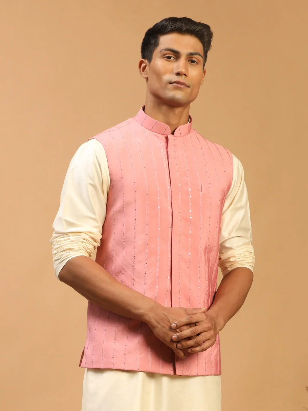 Men's Pink Cotton Blend Nehru Jacket - Shrestha By Vastramay