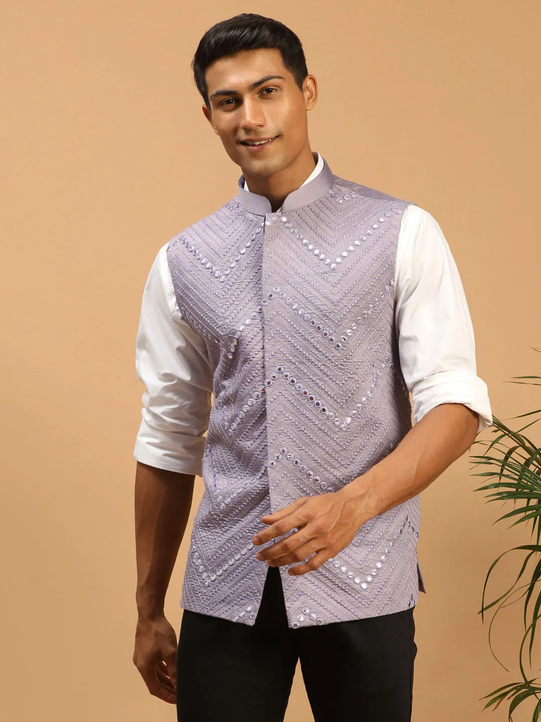 Men's Purple Mirror Work Nehru Jacket - Shrestha By Vastramay