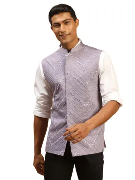 Men's Purple Mirror Work Nehru Jacket - Shrestha By Vastramay