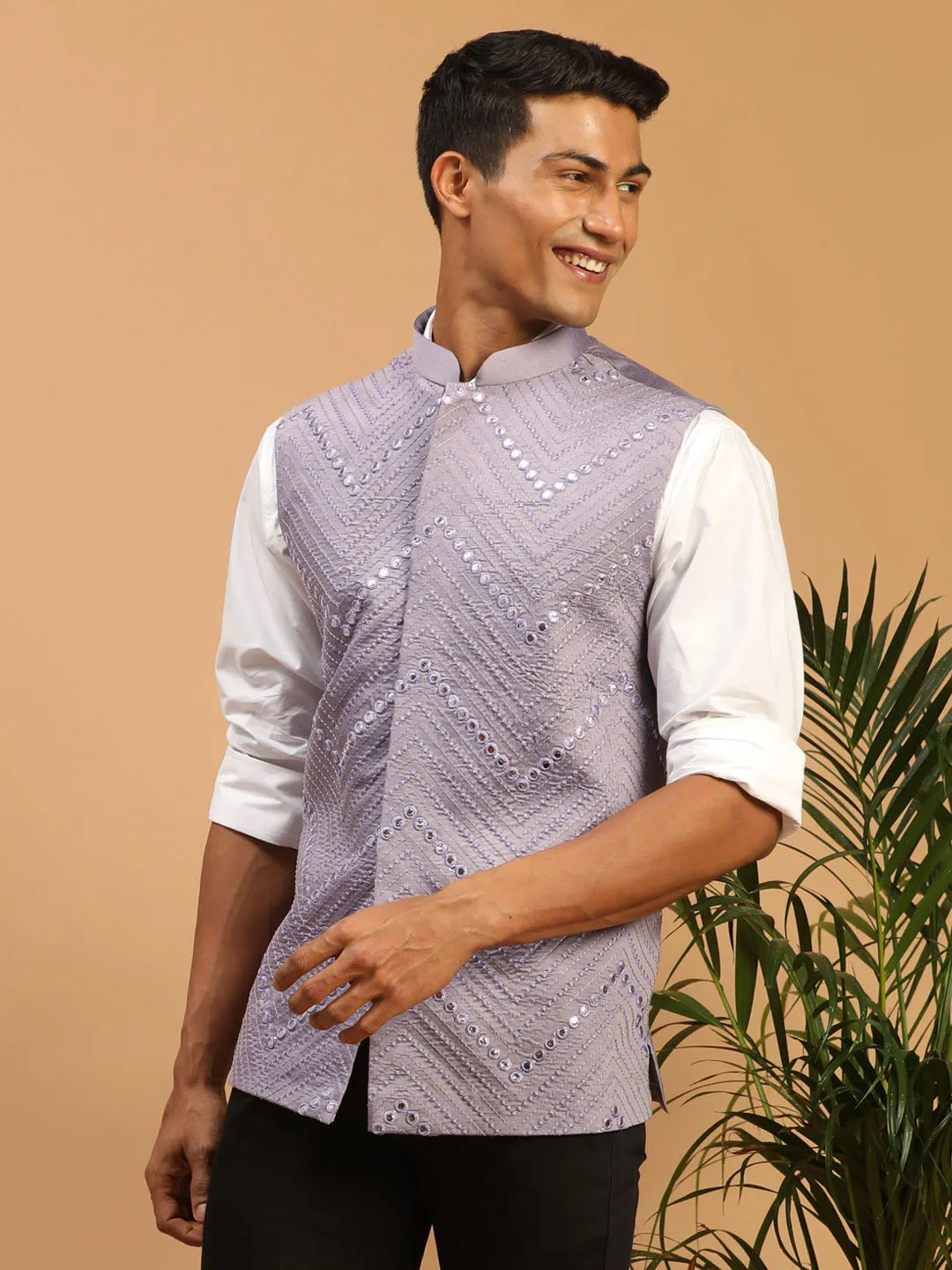 Men's Purple Mirror Work Nehru Jacket - Shrestha By Vastramay