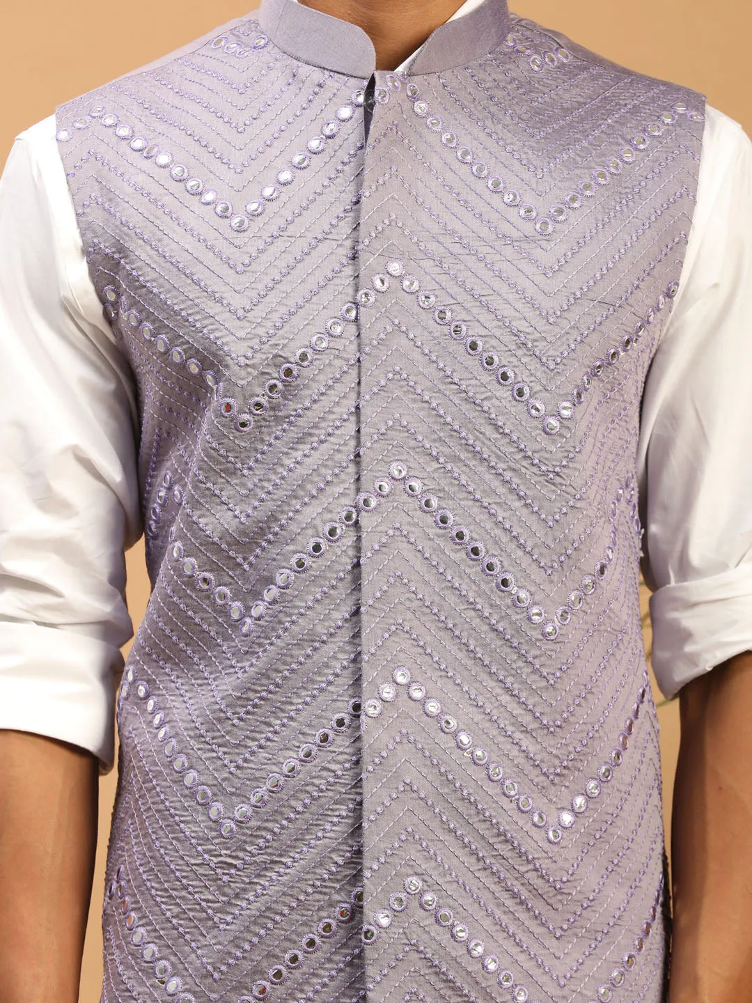 Men's Purple Mirror Work Nehru Jacket - Shrestha By Vastramay