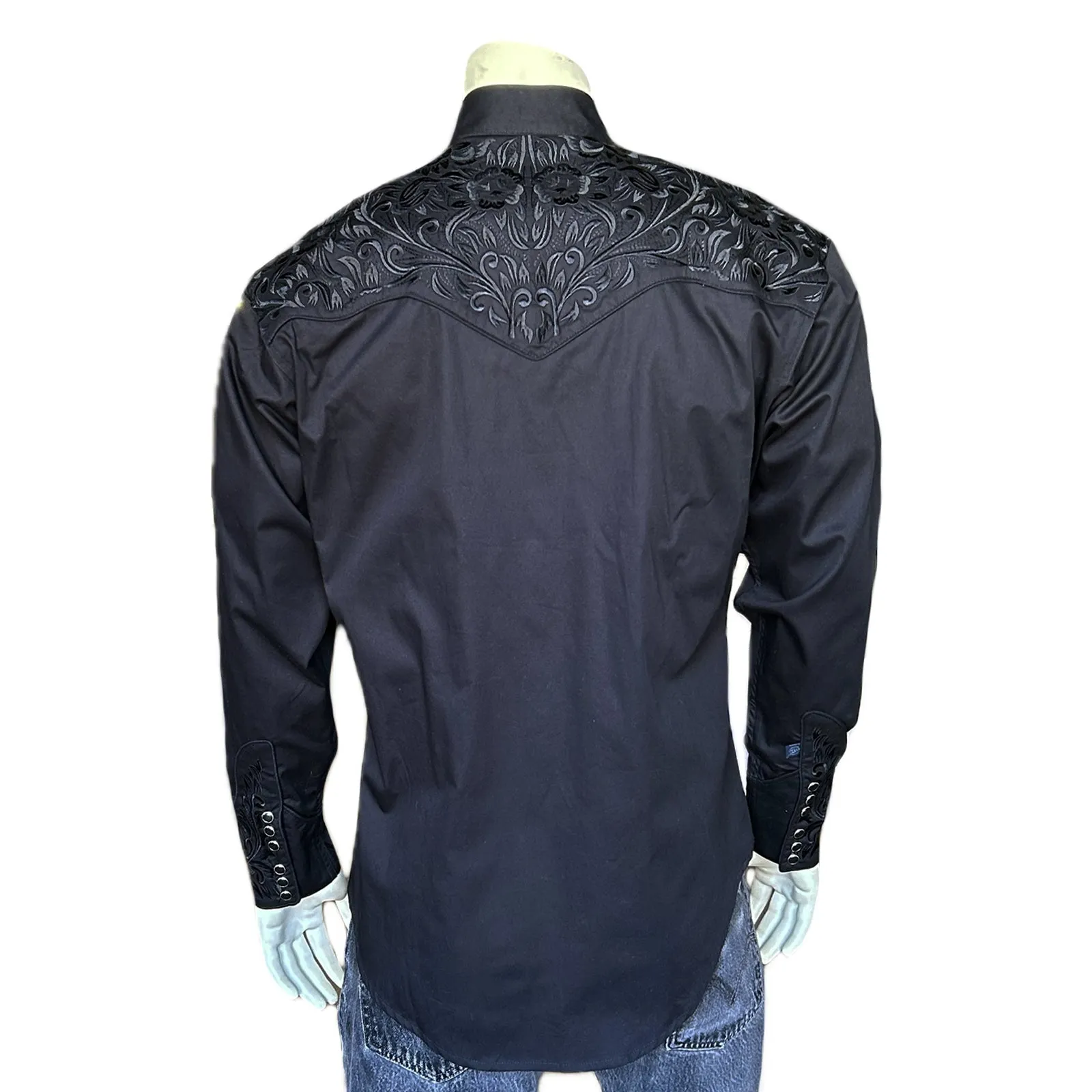 Men's Vintage Tooling Embroidered Black-on-Black Western Shirt