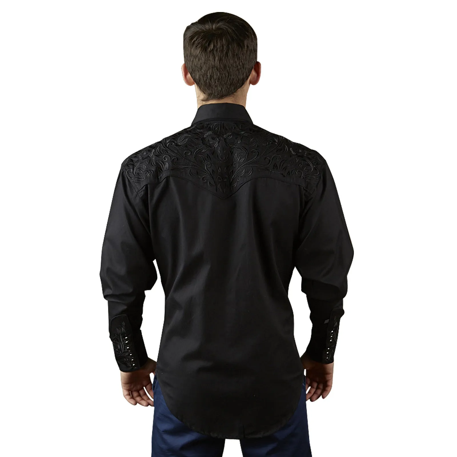 Men's Vintage Tooling Embroidered Black-on-Black Western Shirt