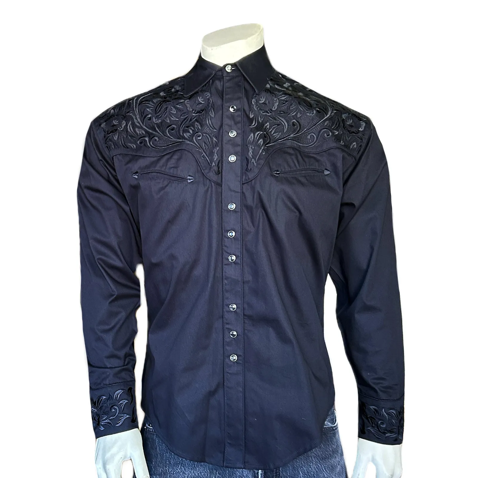 Men's Vintage Tooling Embroidered Black-on-Black Western Shirt