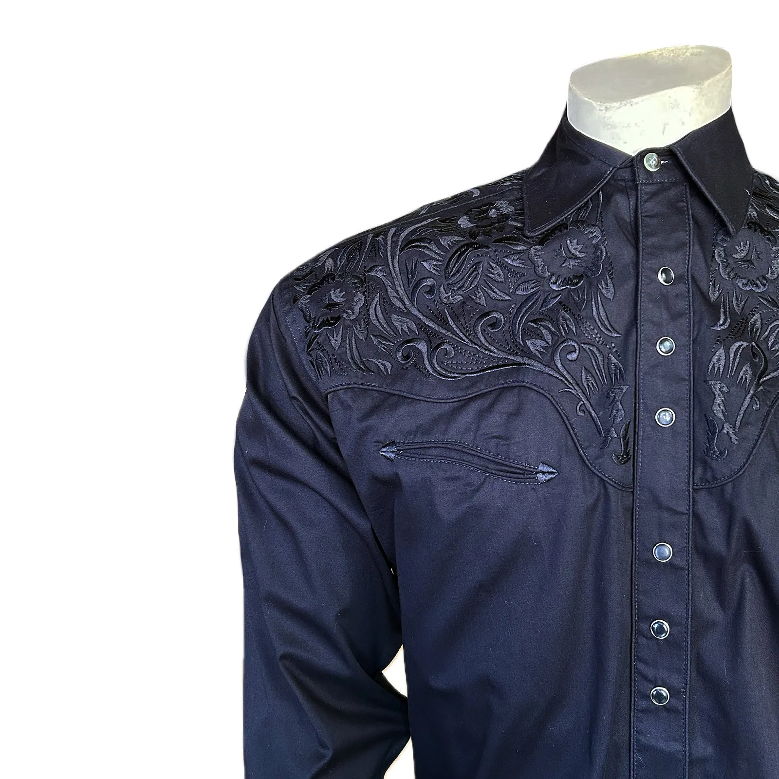 Men's Vintage Tooling Embroidered Black-on-Black Western Shirt