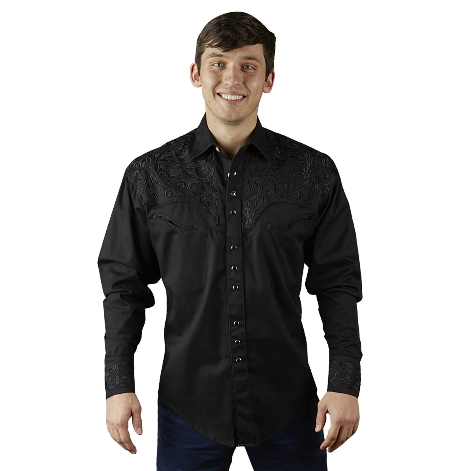 Men's Vintage Tooling Embroidered Black-on-Black Western Shirt