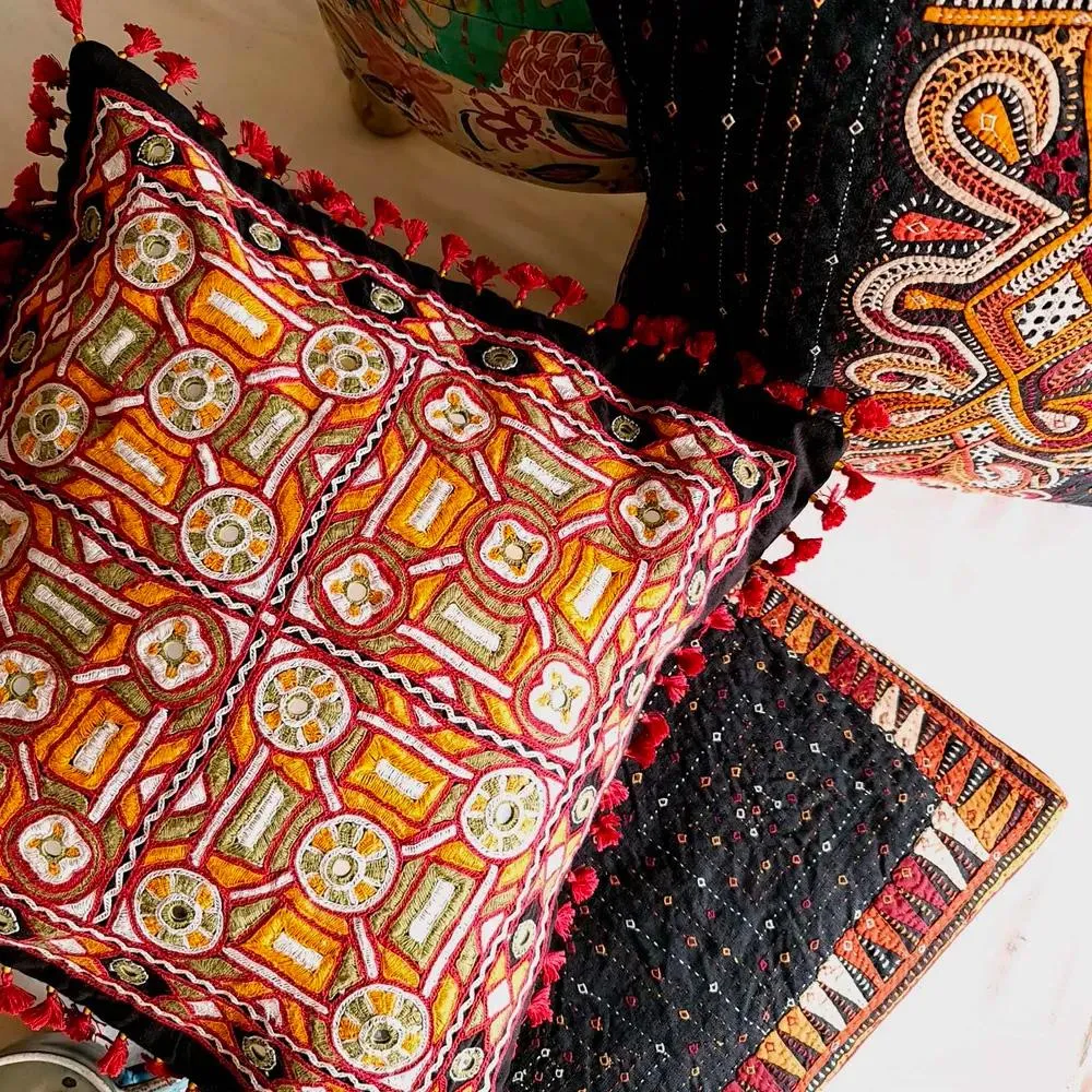 Multi-Color Hand Embroidered Mirror Work Cushion Cover