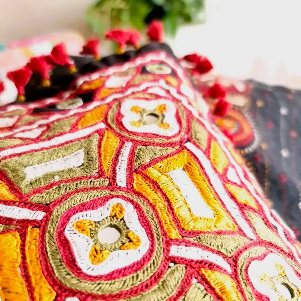 Multi-Color Hand Embroidered Mirror Work Cushion Cover