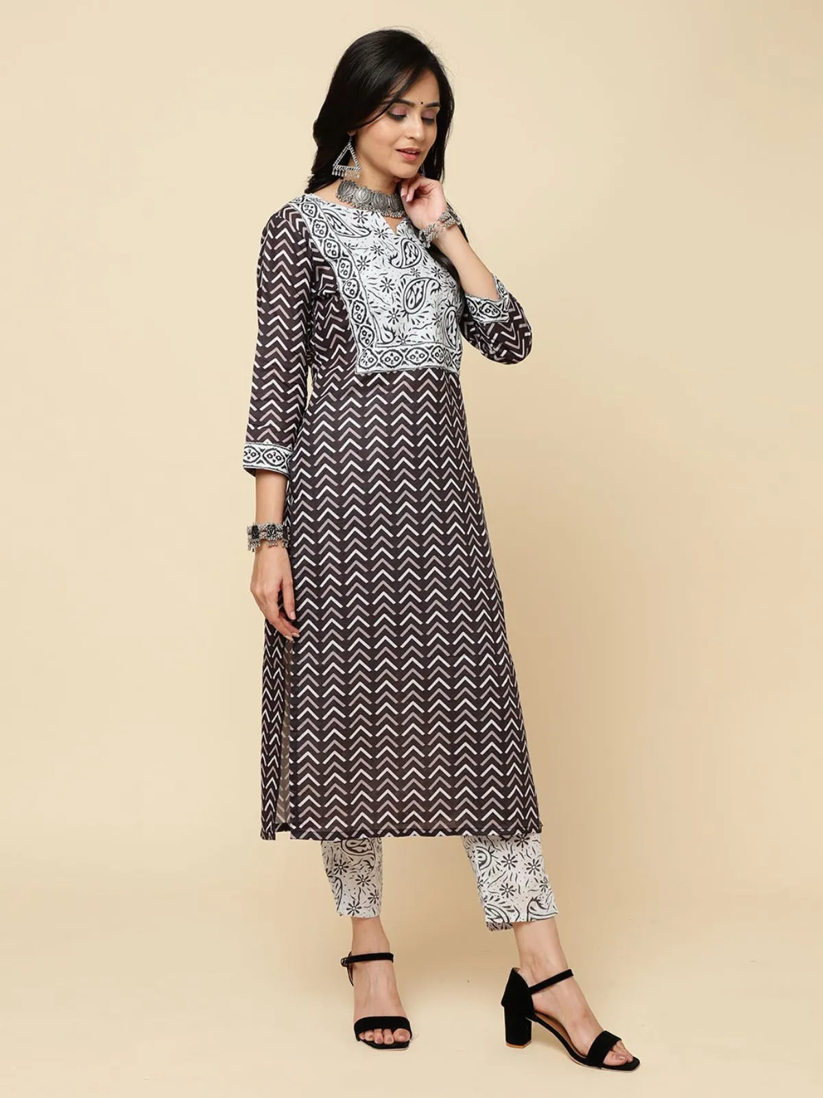 Odette Black Cotton Blend Printed Stitched Kurta Set For Women