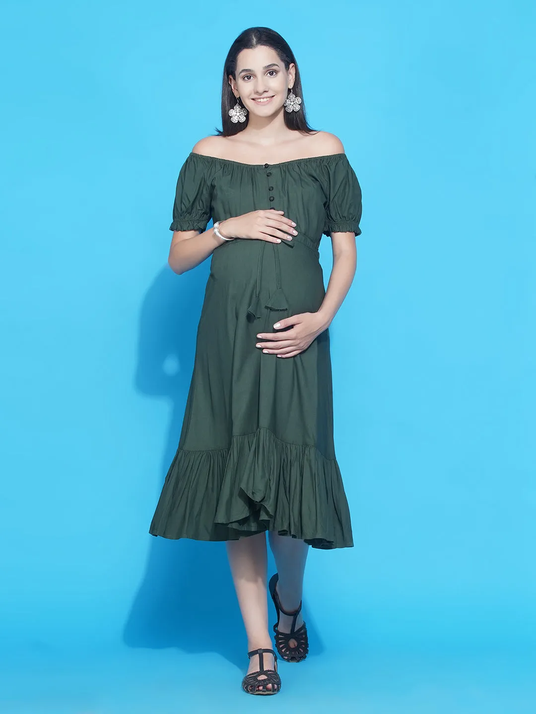 Olive Green Asymmetric Viscose Rayon Maternity & Nursing Dress