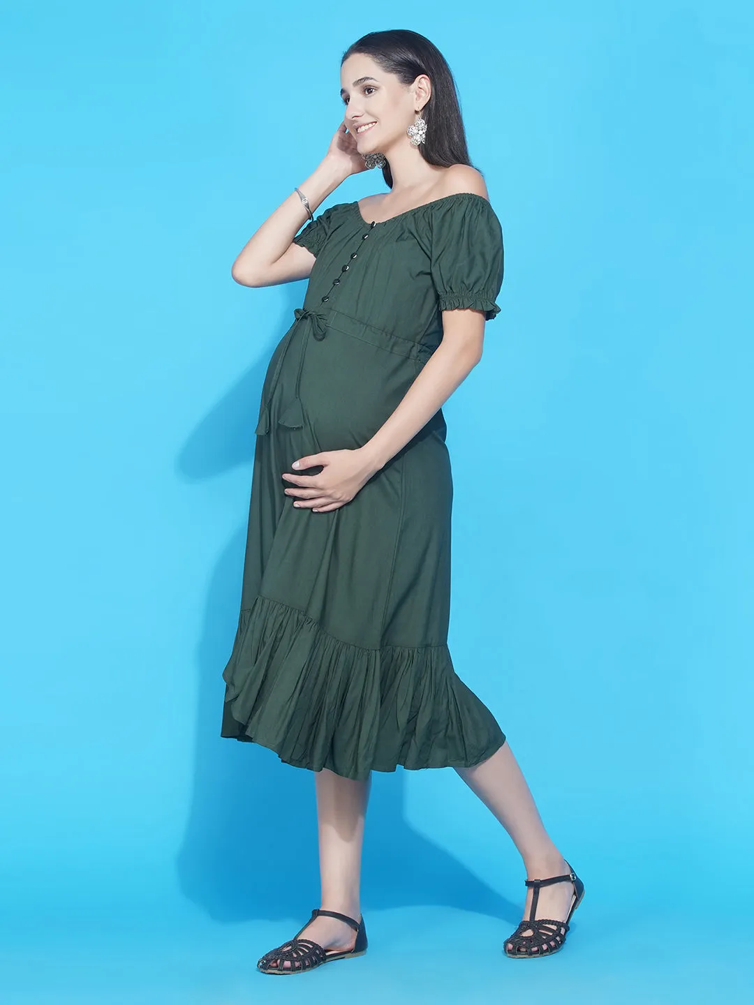 Olive Green Asymmetric Viscose Rayon Maternity & Nursing Dress